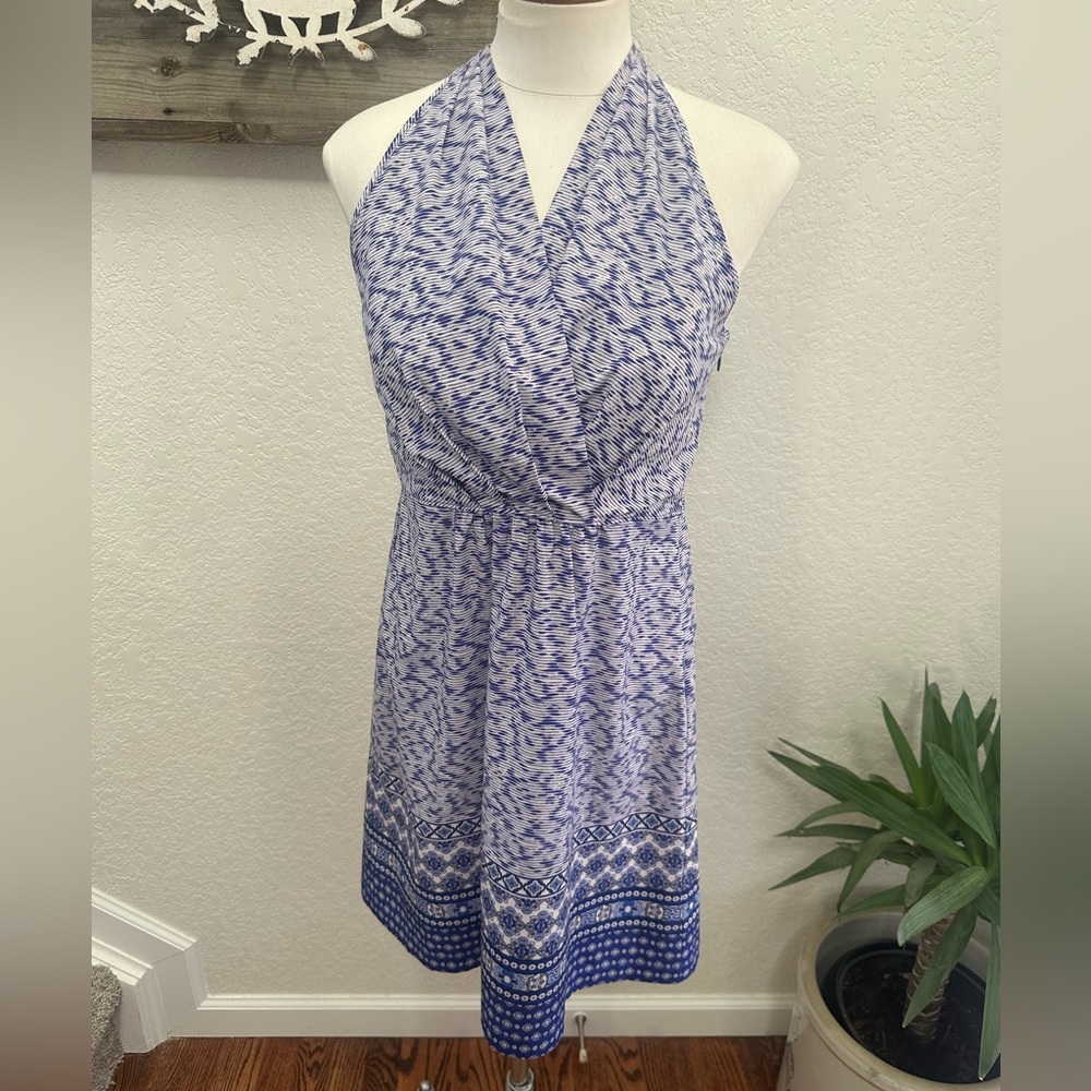 Athleta Go Anywhere Blue & White Halter Patterned Sundress ladies size 8